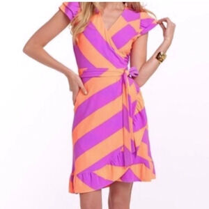 LILY PULITZER Adriel Ruffle Striped Flutter Sleeve Wrap Dress Purple & Orange